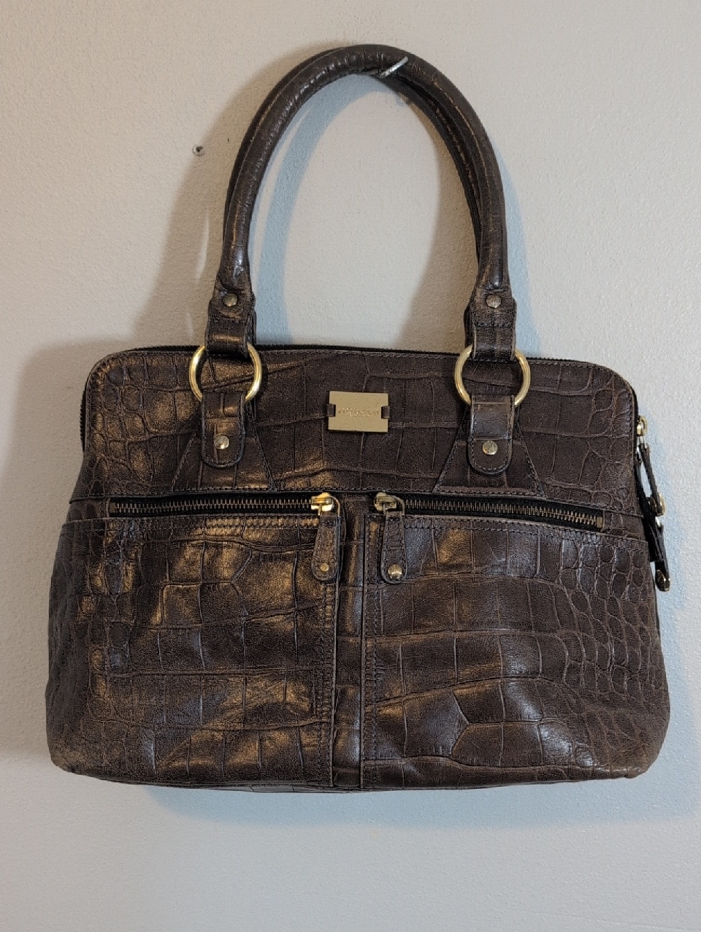 Croc-Embossed Satchel Tote in Dark Brown